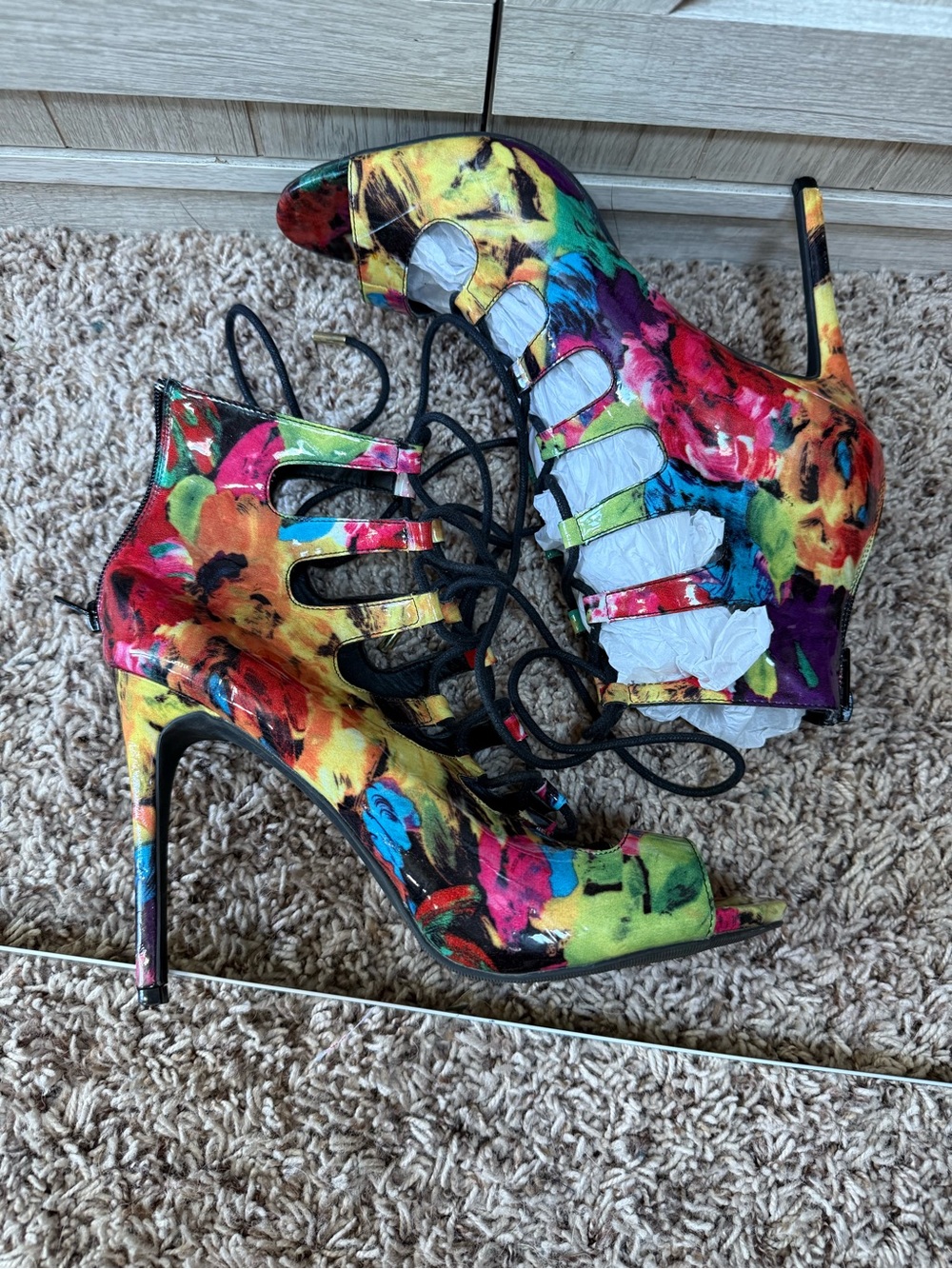 Colorful Lace-Up Peep Toe Heel booties- Multi 9.5- Candies - Picture 6 of 7